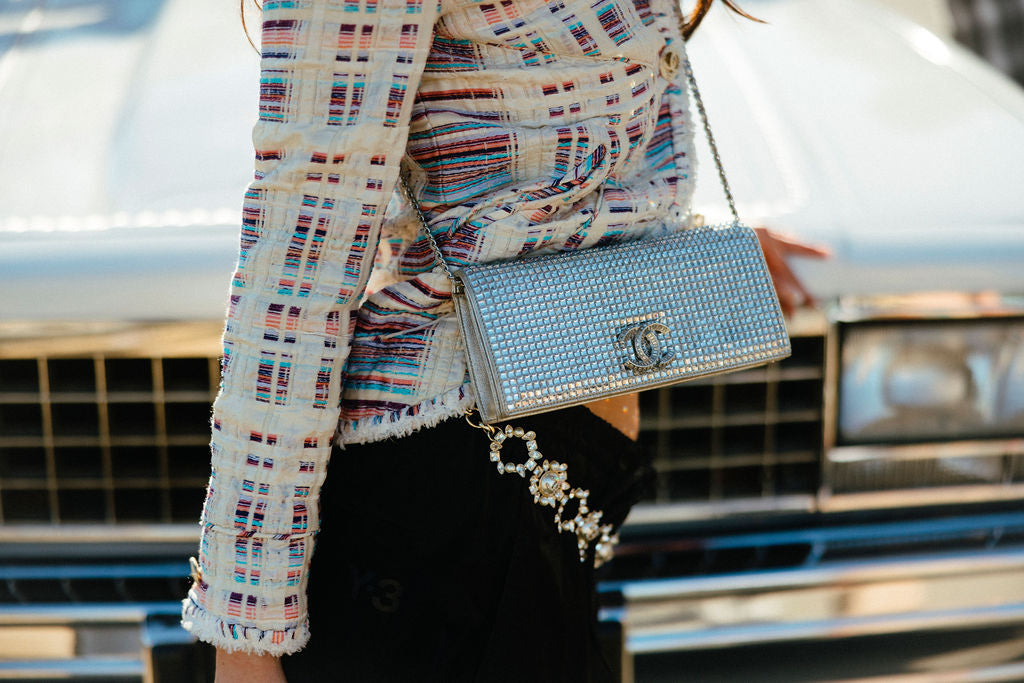 Chanel Crystal & Pearl Chain Belt with Double C's on Pearl and Charm on end of belt