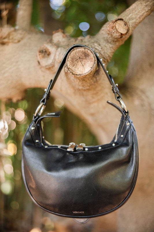 Versace Studded Leather Repeat Mini Hobo — Black (2020s)