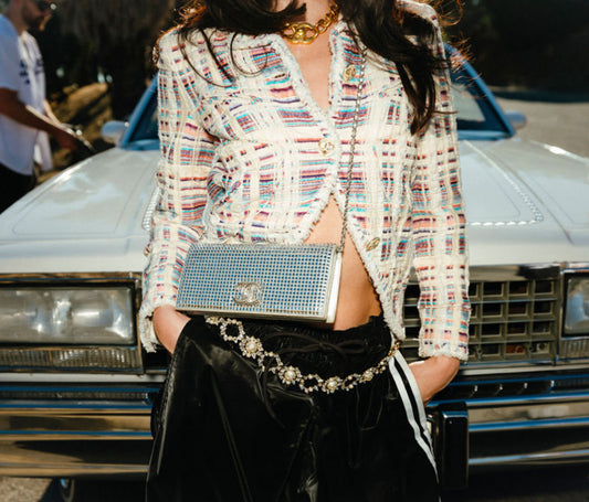 Chanel Crystal & Pearl Chain Belt with Double C's on Pearl and Charm on end of belt