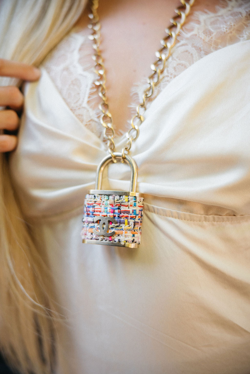 Chanel Tweed Padlock Chain Necklace — Fall/Winter 2014 Runway (Supermarket Show)