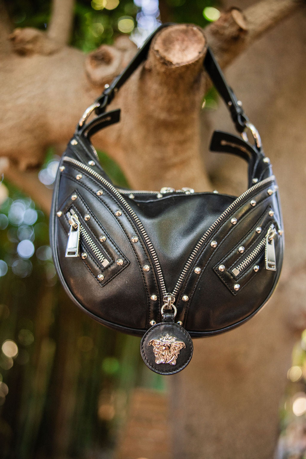 Versace Studded Leather Repeat Mini Hobo — Black (2020s)