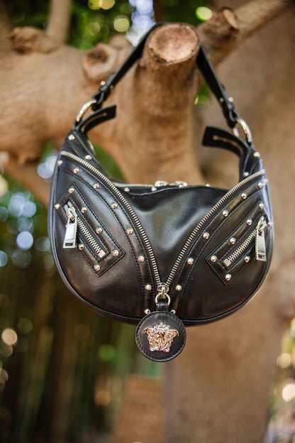 Versace Studded Leather Repeat Mini Hobo — Black (2020s)