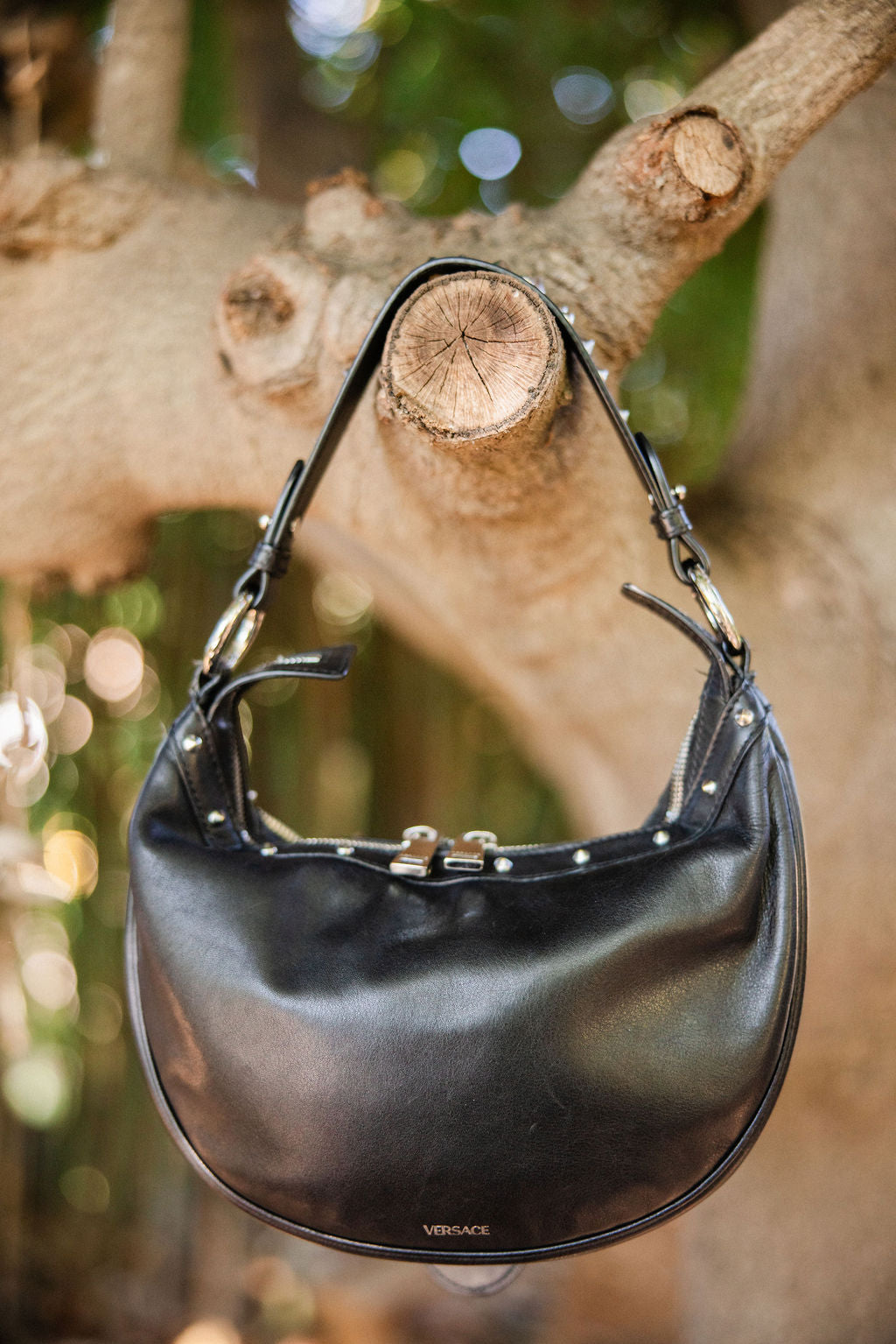 Versace Studded Leather Repeat Mini Hobo — Black (2020s)