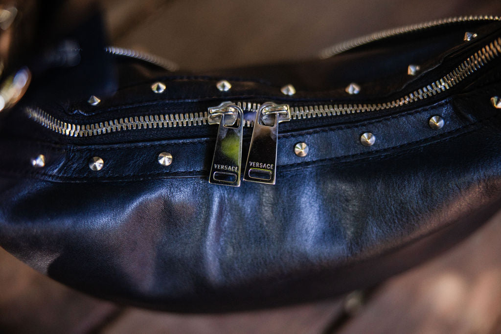 Versace Studded Leather Repeat Mini Hobo — Black (2020s)