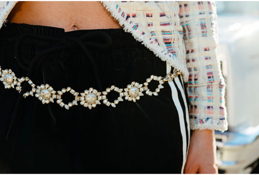 Chanel Crystal & Pearl Chain Belt with Double C's on Pearl and Charm on end of belt