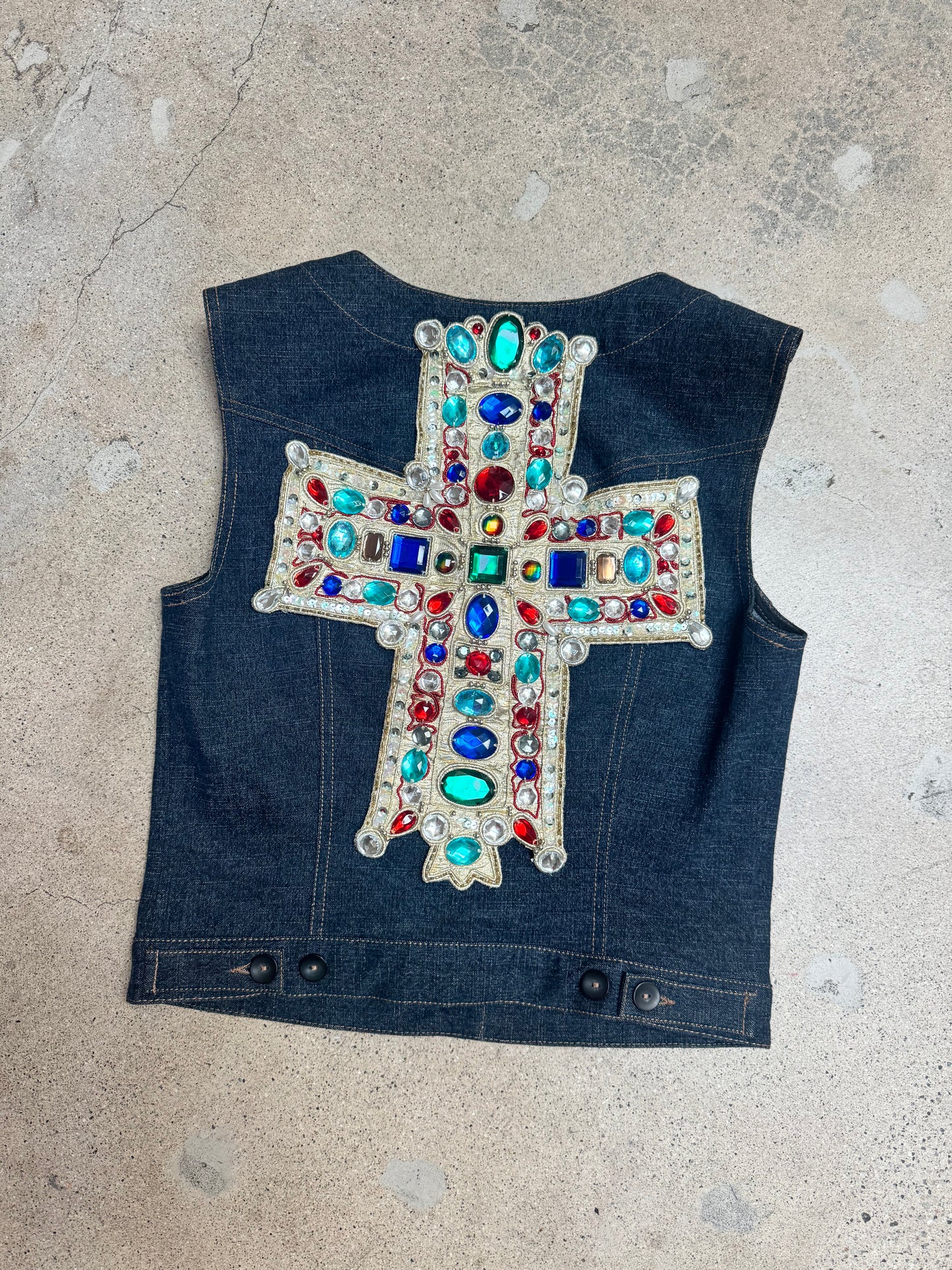 Christian Lacroix Jeweled Cross Denim Vest — Late 1980s Era (Not for sale — rental only)