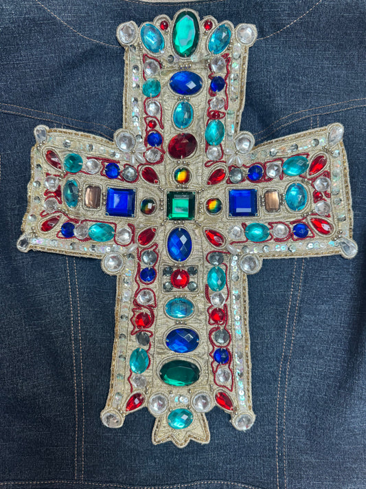 Christian Lacroix Jeweled Cross Denim Vest — Late 1980s Era (Not for sale — rental only)